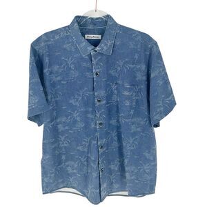 Tommy Bahama Silk Shirt Men Large Blue Palm Hawaiian Button Down Resort Vacation